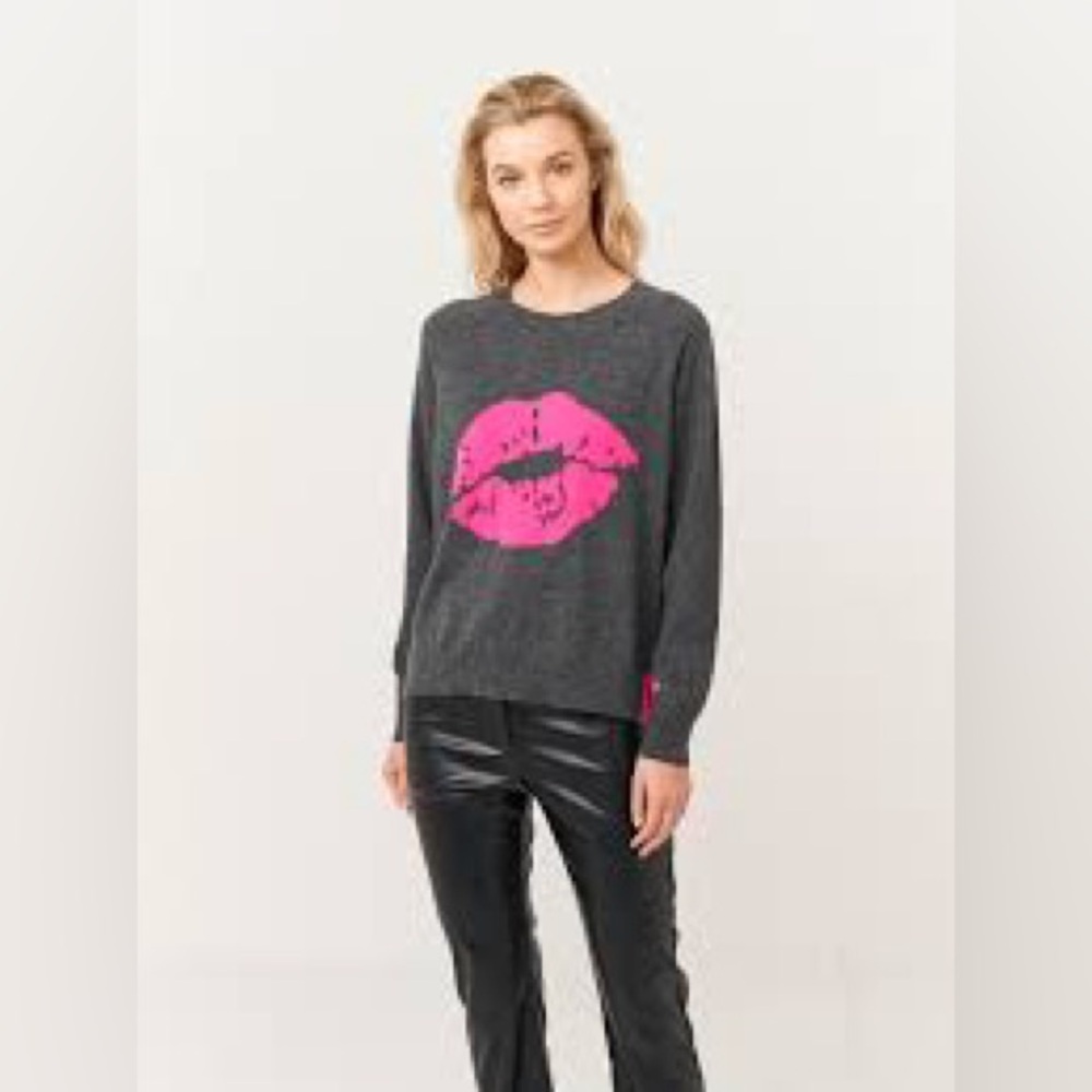 Brodie Cashmere Lips Sweater Gray and Hot Pink Size XS - Picture 2 of 9